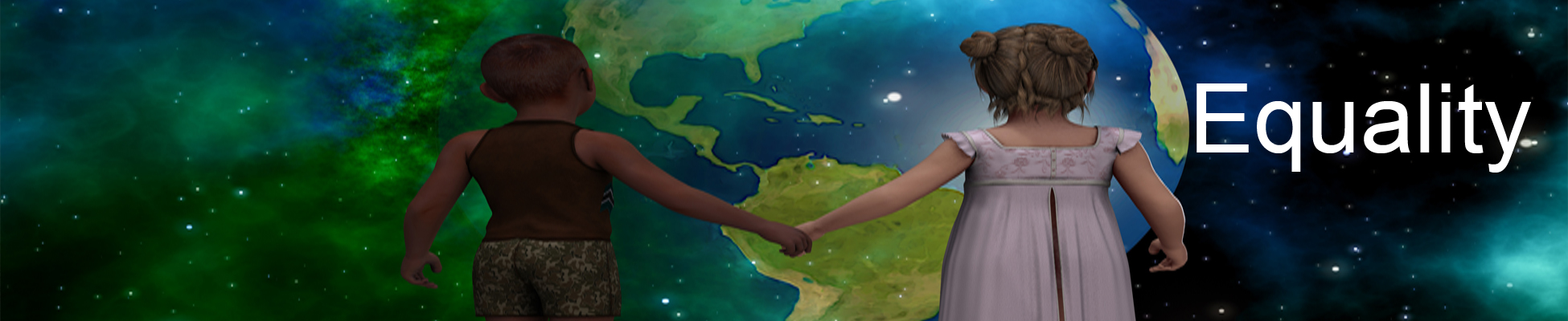 Two children in space joining hands looking at the Earth